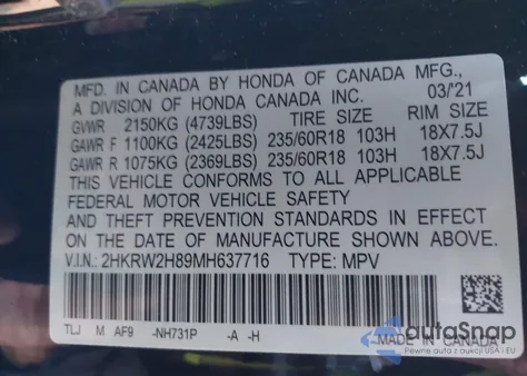 2021 Honda Cr-V Awd Ex-L from USA, damaged, VIN 2HKRW2H89MH637716